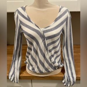 Rebellion Again Striped V-Neck Mock Wrap Top - Blue and White